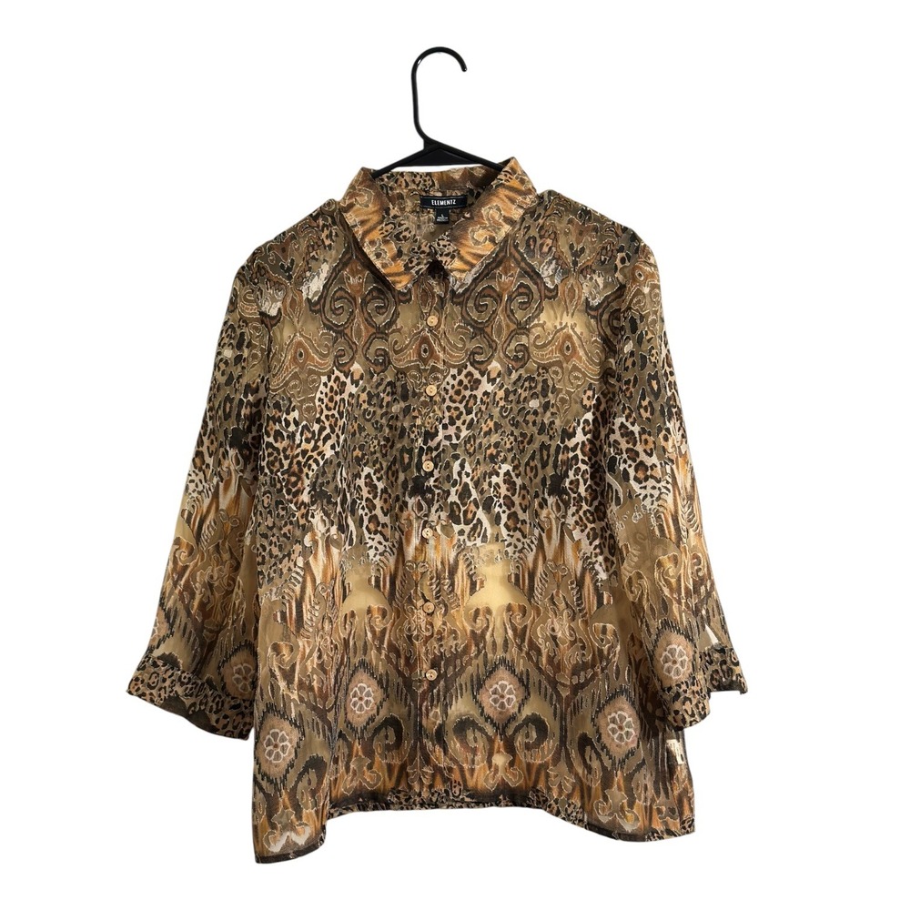 Elementz Leopard Paisley Button Down Sheer Top Brown Linen Blend Women's Large